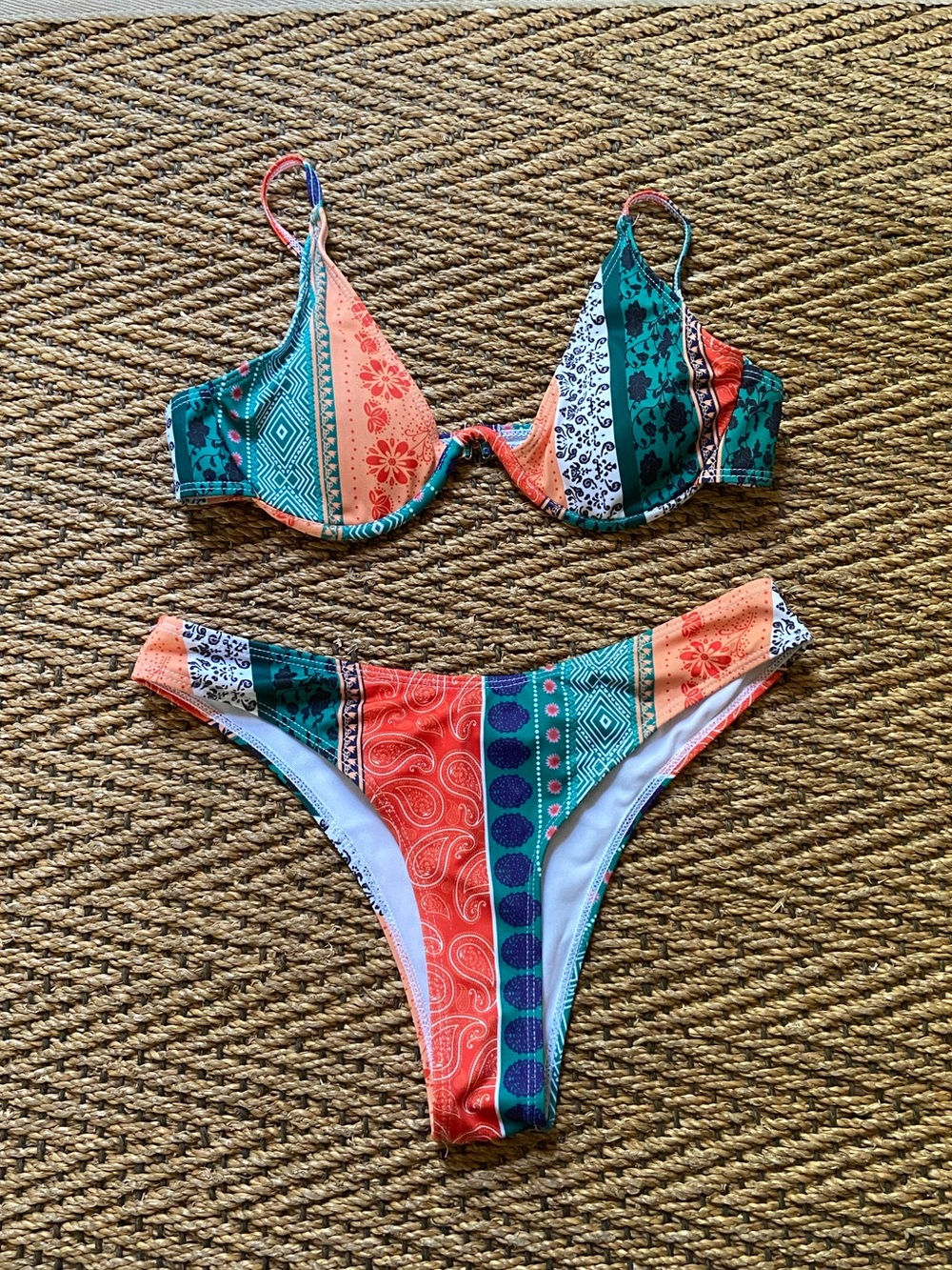 Colorblock Floral & Geometric Bikini Set - Turquoise & Orange